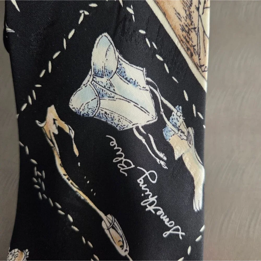 Nicole Miller Vintage 90s Multi Color Black Wedding Bride Groom Motif Silk Tie